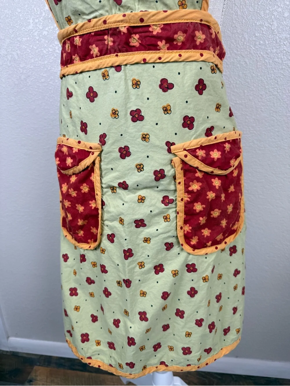 Yellow Floral Apron Dress with Red Accents